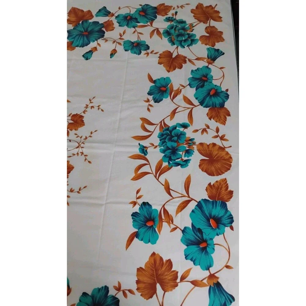 Vtg Mid Century Tropical Cotton Tablecloth 57 X 66 Hollywood Regency Blue White